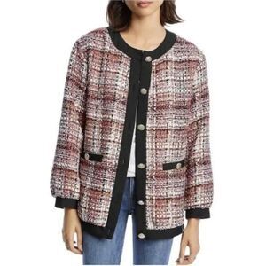 Lini Autumn Stripe Pink Long Sleeve Collarless Tweed Jacket Blazer Size Small